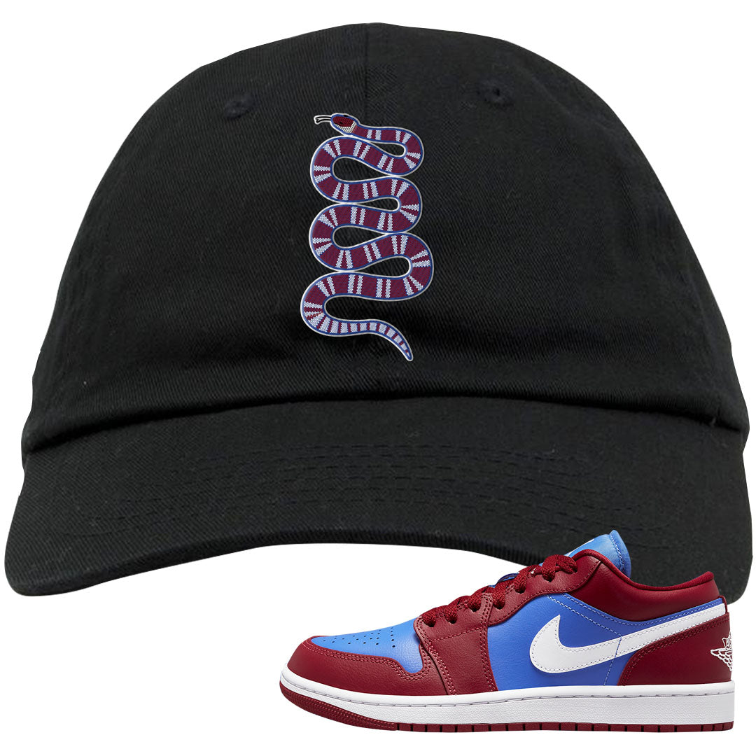 Pomegranate Medium Blue White Low 1s Dad Hat | Coiled Snake, Black