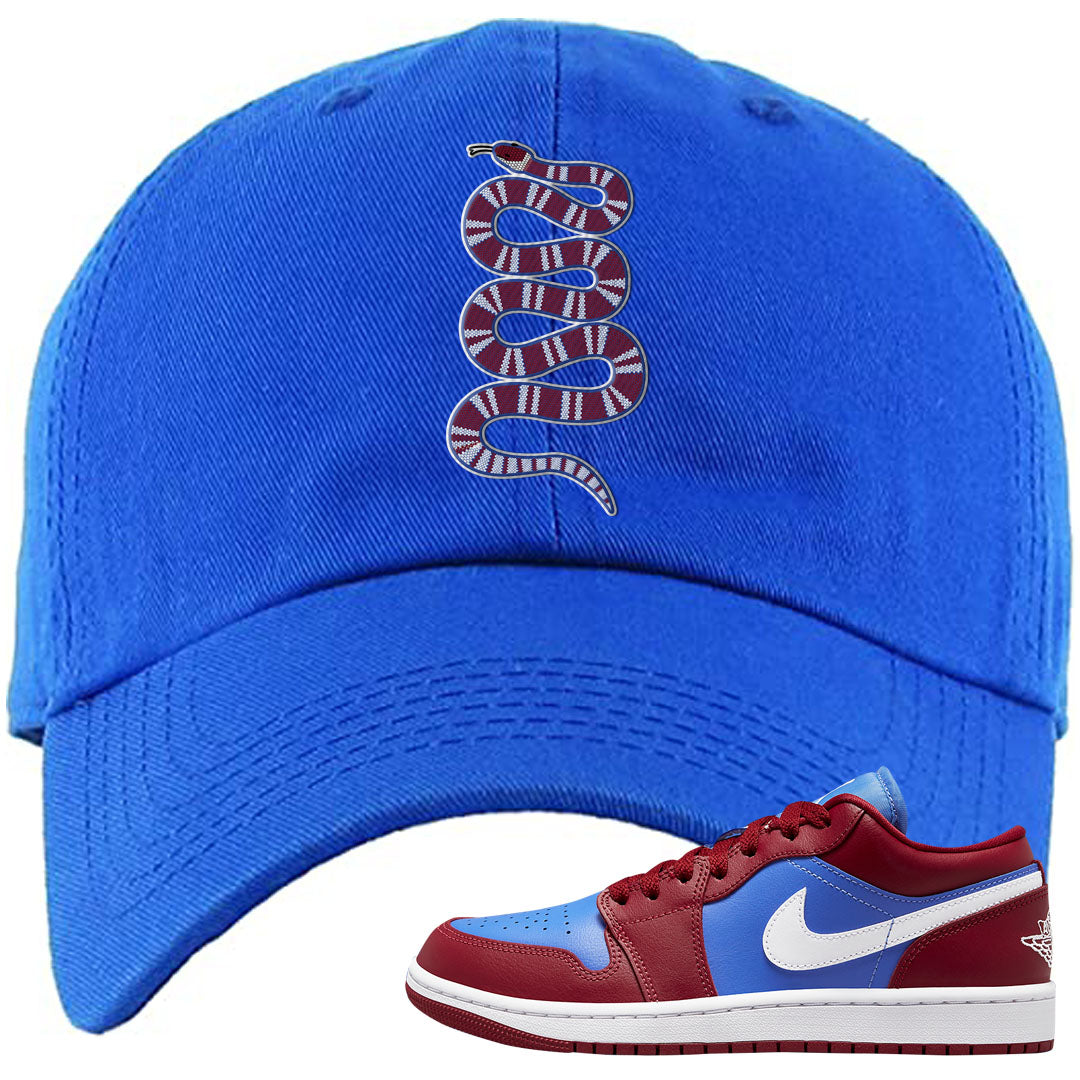 Pomegranate Medium Blue White Low 1s Dad Hat | Coiled Snake, Royal