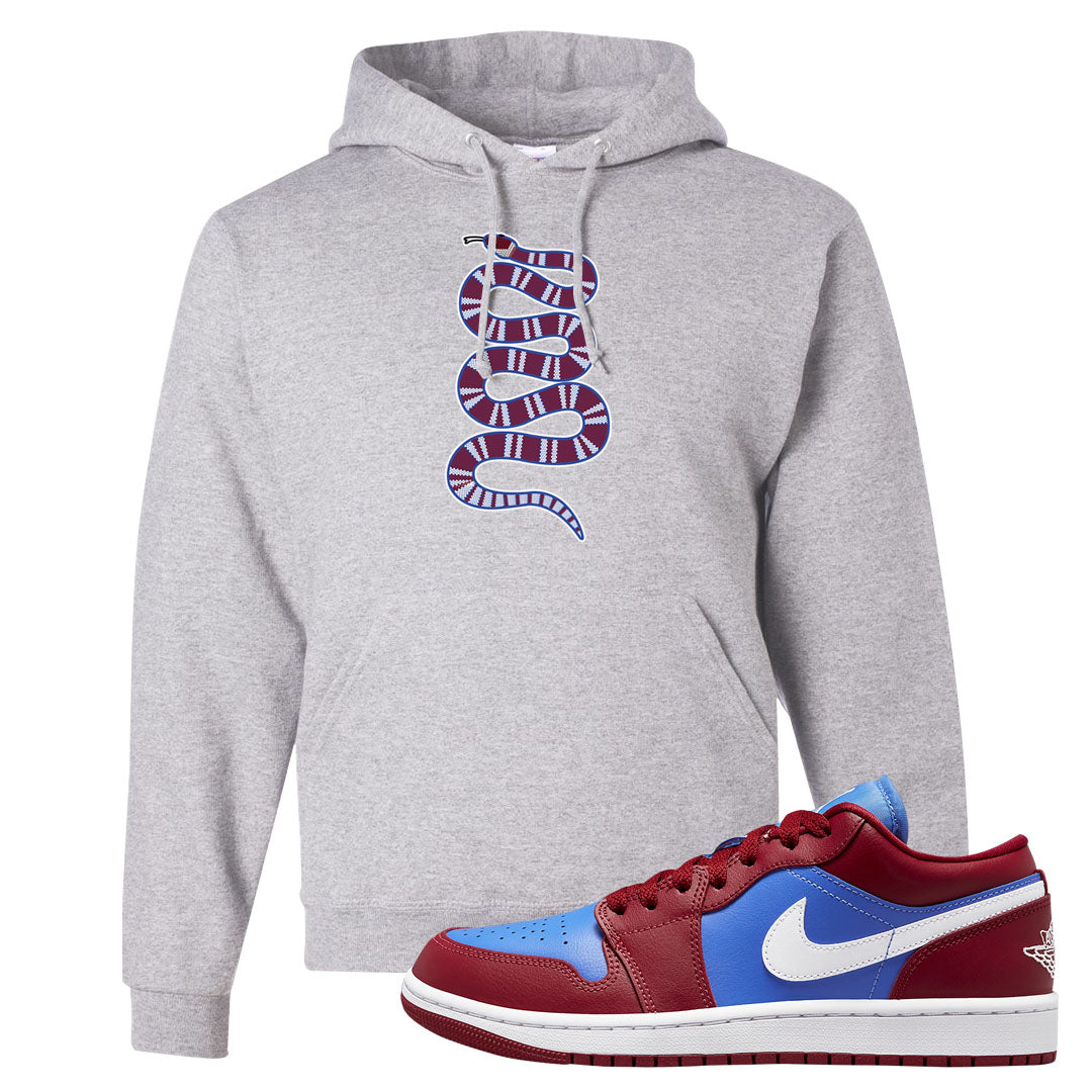 Pomegranate Medium Blue White Low 1s Hoodie | Coiled Snake, Ash