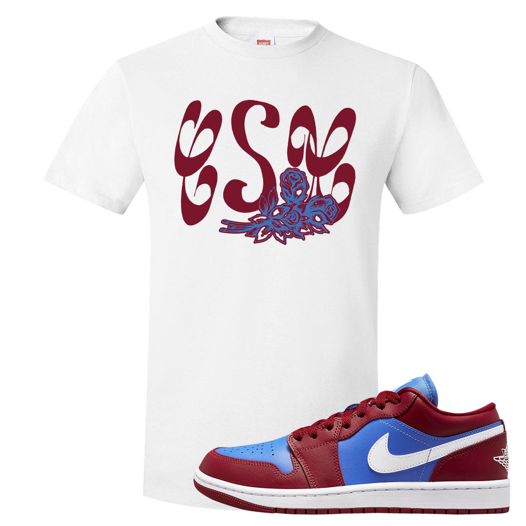 Pomegranate Medium Blue White Low 1s T Shirt | Certified Sneakerhead, White