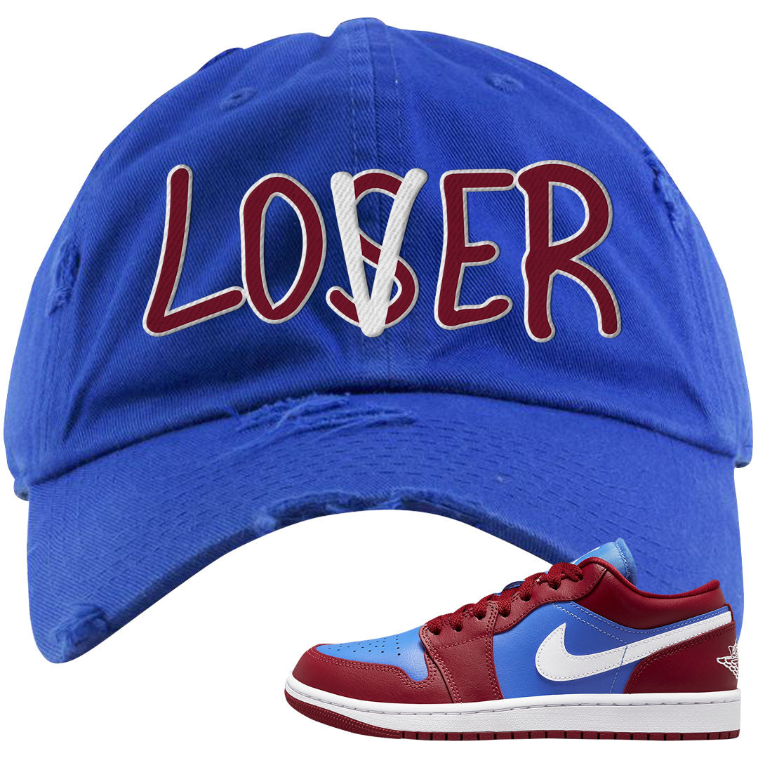 Pomegranate Medium Blue White Low 1s Distressed Dad Hat | Lover, Royal