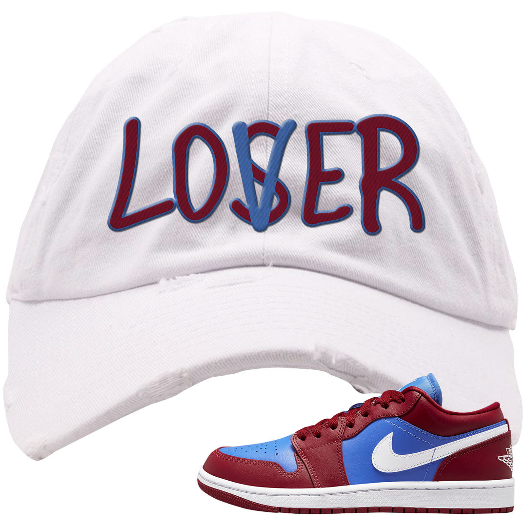 Pomegranate Medium Blue White Low 1s Distressed Dad Hat | Lover, White