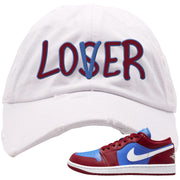 Pomegranate Medium Blue White Low 1s Distressed Dad Hat | Lover, White