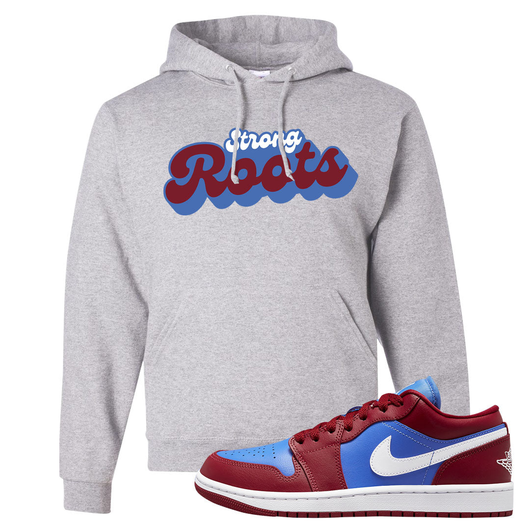 Pomegranate Medium Blue White Low 1s Hoodie | Strong Roots, Ash