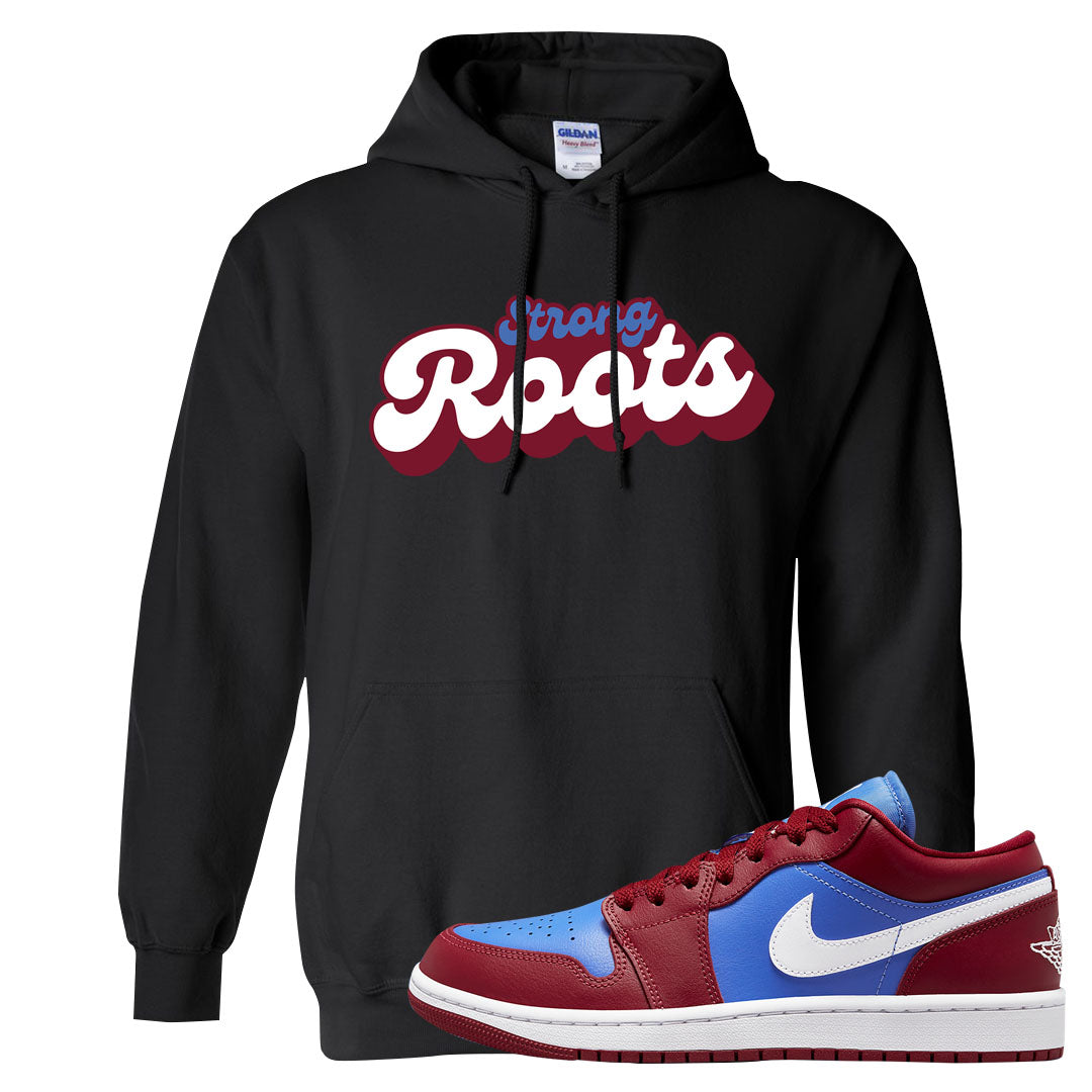 Pomegranate Medium Blue White Low 1s Hoodie | Strong Roots, Black