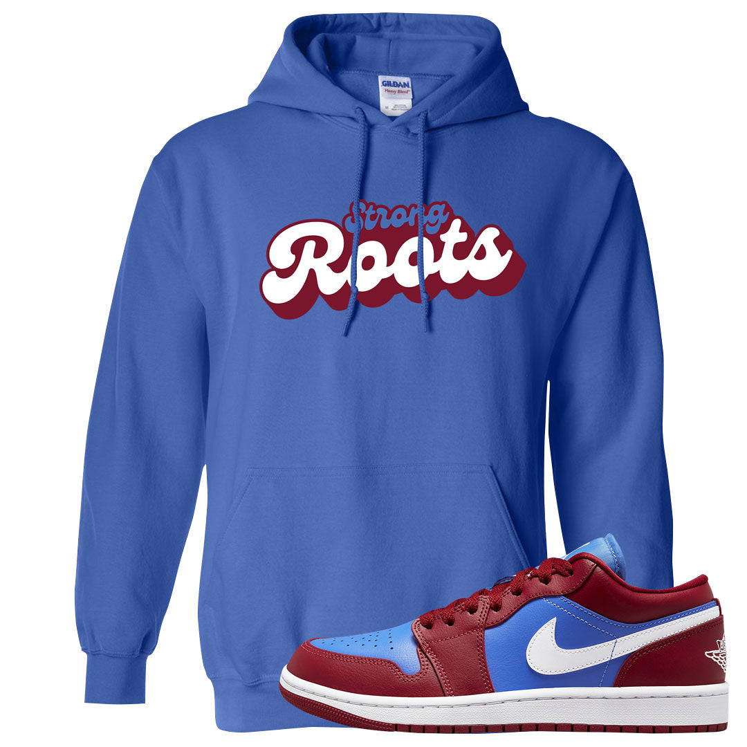 Pomegranate Medium Blue White Low 1s Hoodie | Strong Roots, Royal