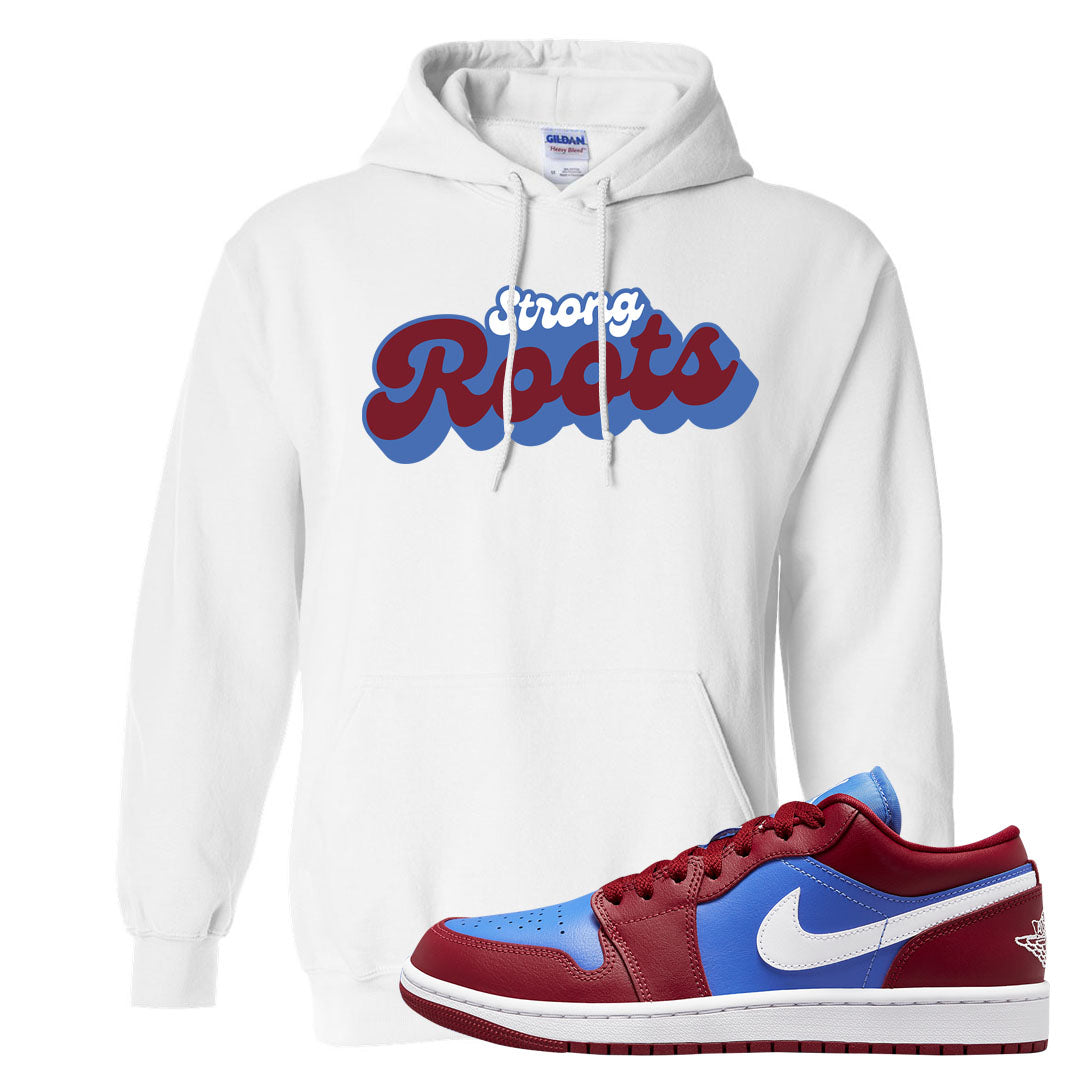 Pomegranate Medium Blue White Low 1s Hoodie | Strong Roots, White