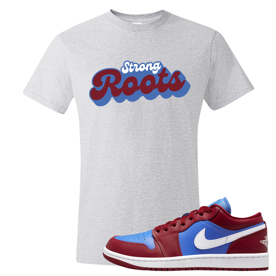 Pomegranate Medium Blue White Low 1s T Shirt | Strong Roots, Ash