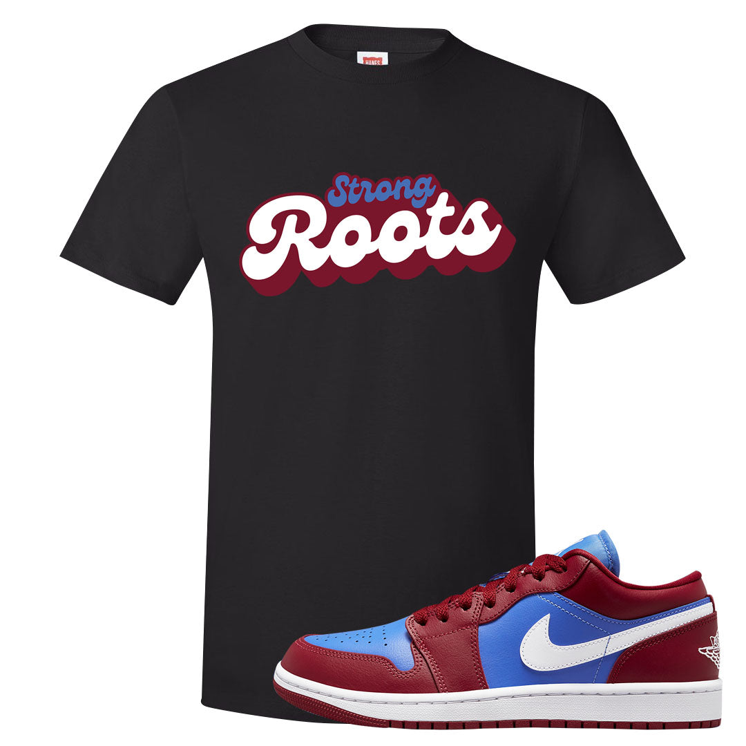 Pomegranate Medium Blue White Low 1s T Shirt | Strong Roots, Black
