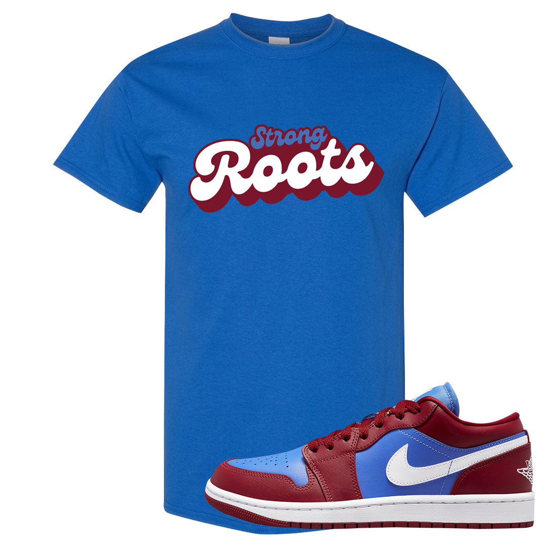 Pomegranate Medium Blue White Low 1s T Shirt | Strong Roots, Royal