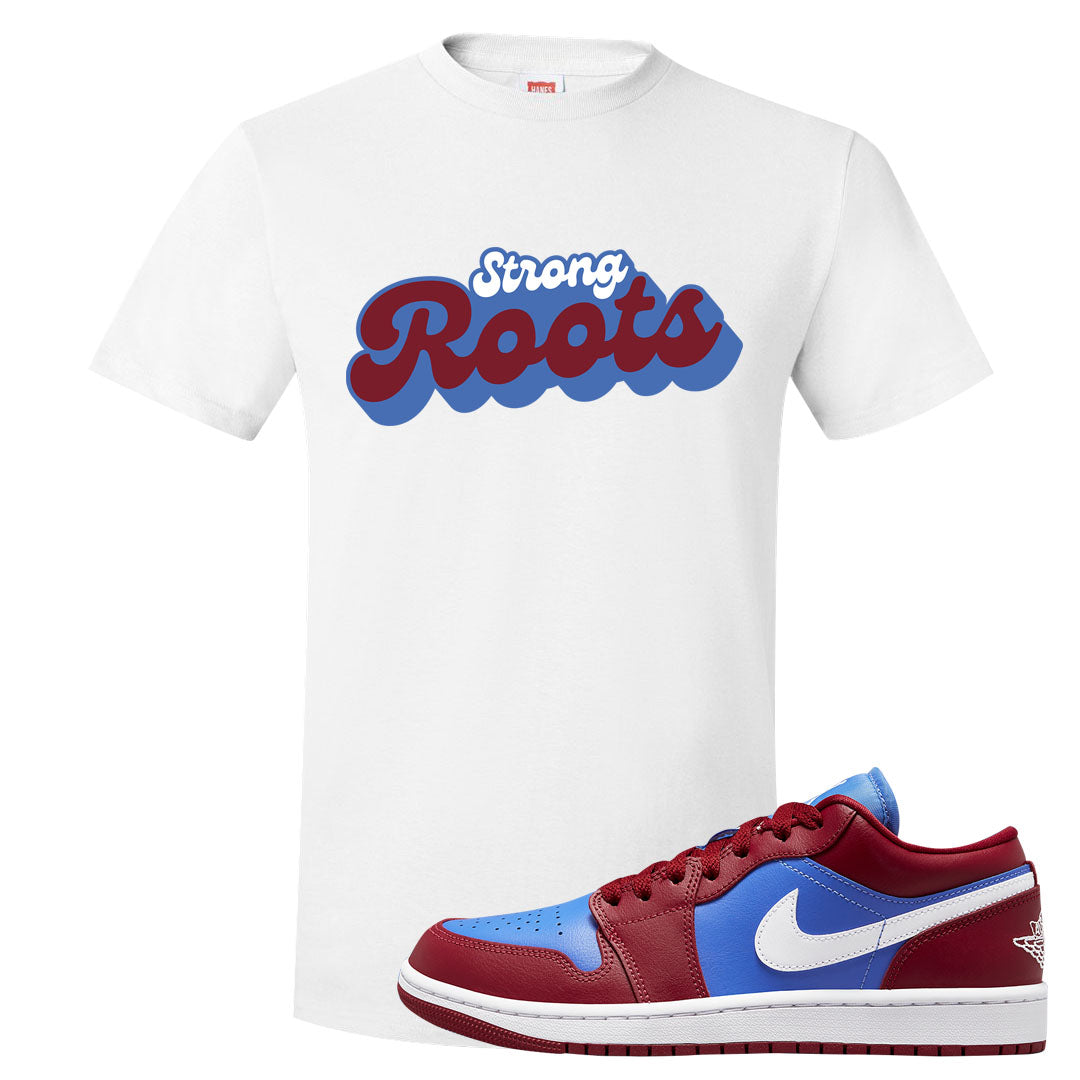 Pomegranate Medium Blue White Low 1s T Shirt | Strong Roots, White