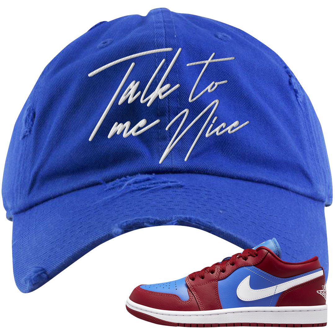 Pomegranate Medium Blue White Low 1s Distressed Dad Hat | Talk To Me Nice, Royal