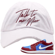 Pomegranate Medium Blue White Low 1s Distressed Dad Hat | Talk To Me Nice, White