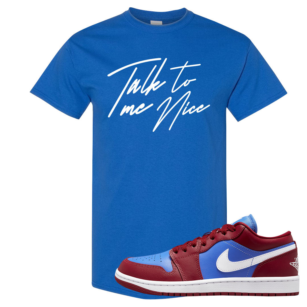 Pomegranate Medium Blue White Low 1s T Shirt | Talk To Me Nice, Royal
