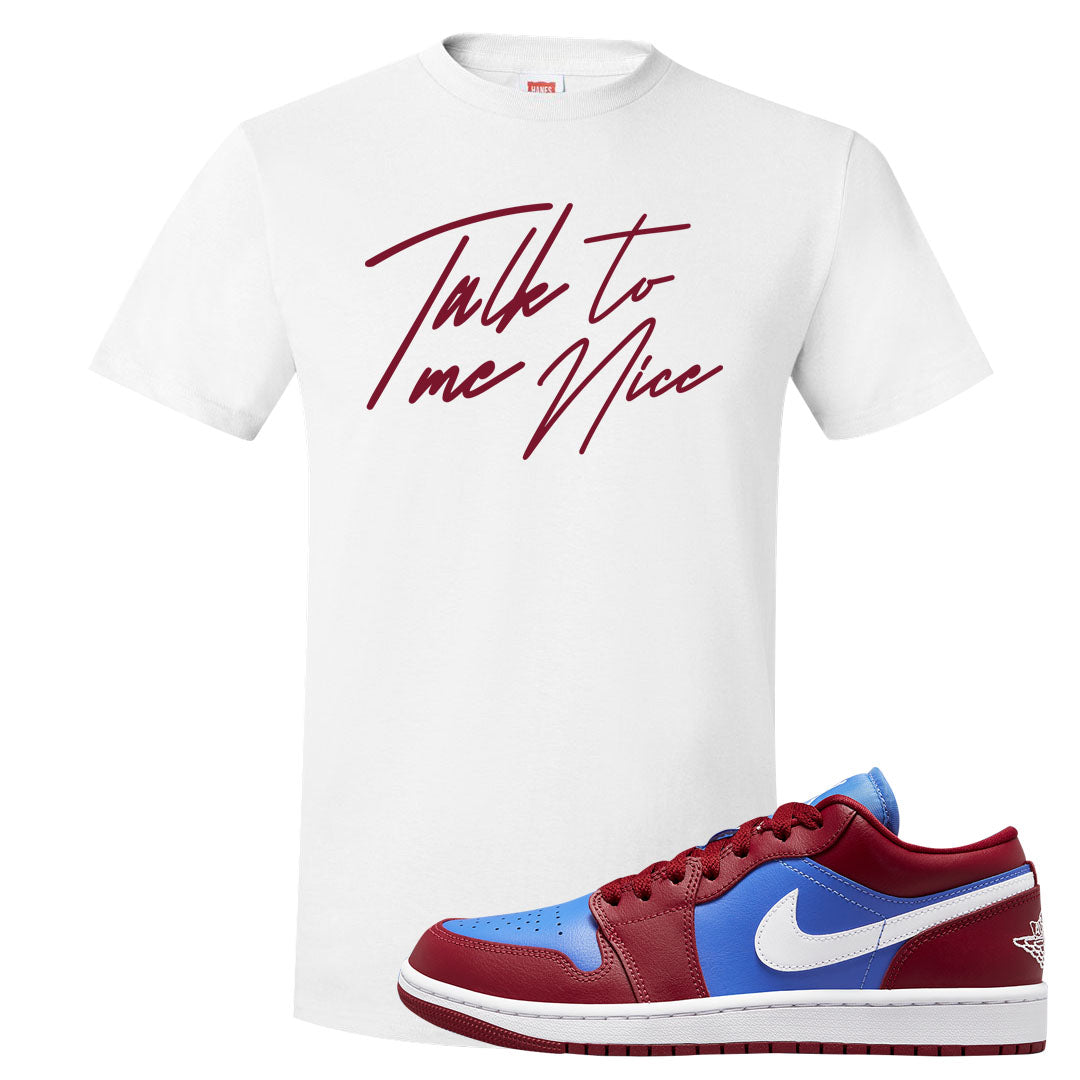 Pomegranate Medium Blue White Low 1s T Shirt | Talk To Me Nice, White