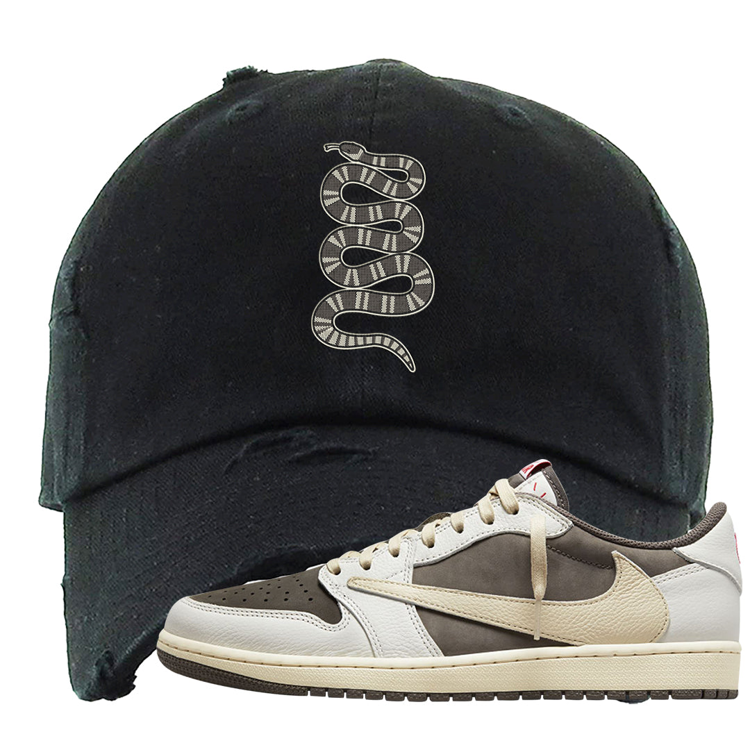 Reverse Mocha Low 1s Distressed Dad Hat | Coiled Snake, Black