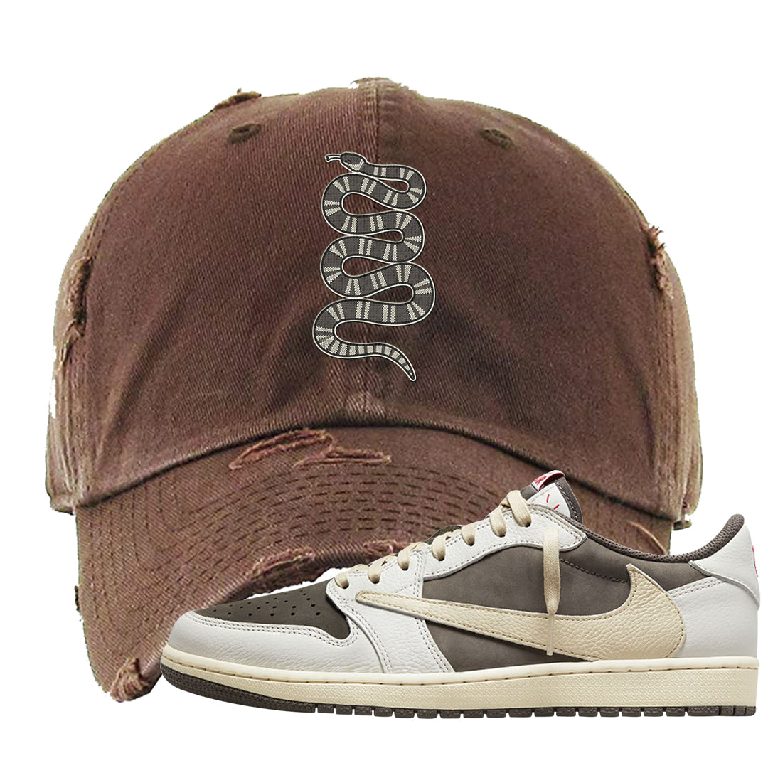 Reverse Mocha Low 1s Distressed Dad Hat | Coiled Snake, Brown