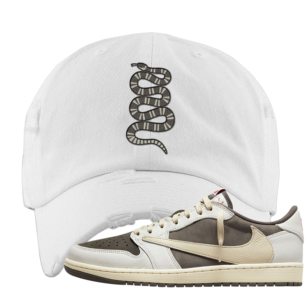 Reverse Mocha Low 1s Distressed Dad Hat | Coiled Snake, White