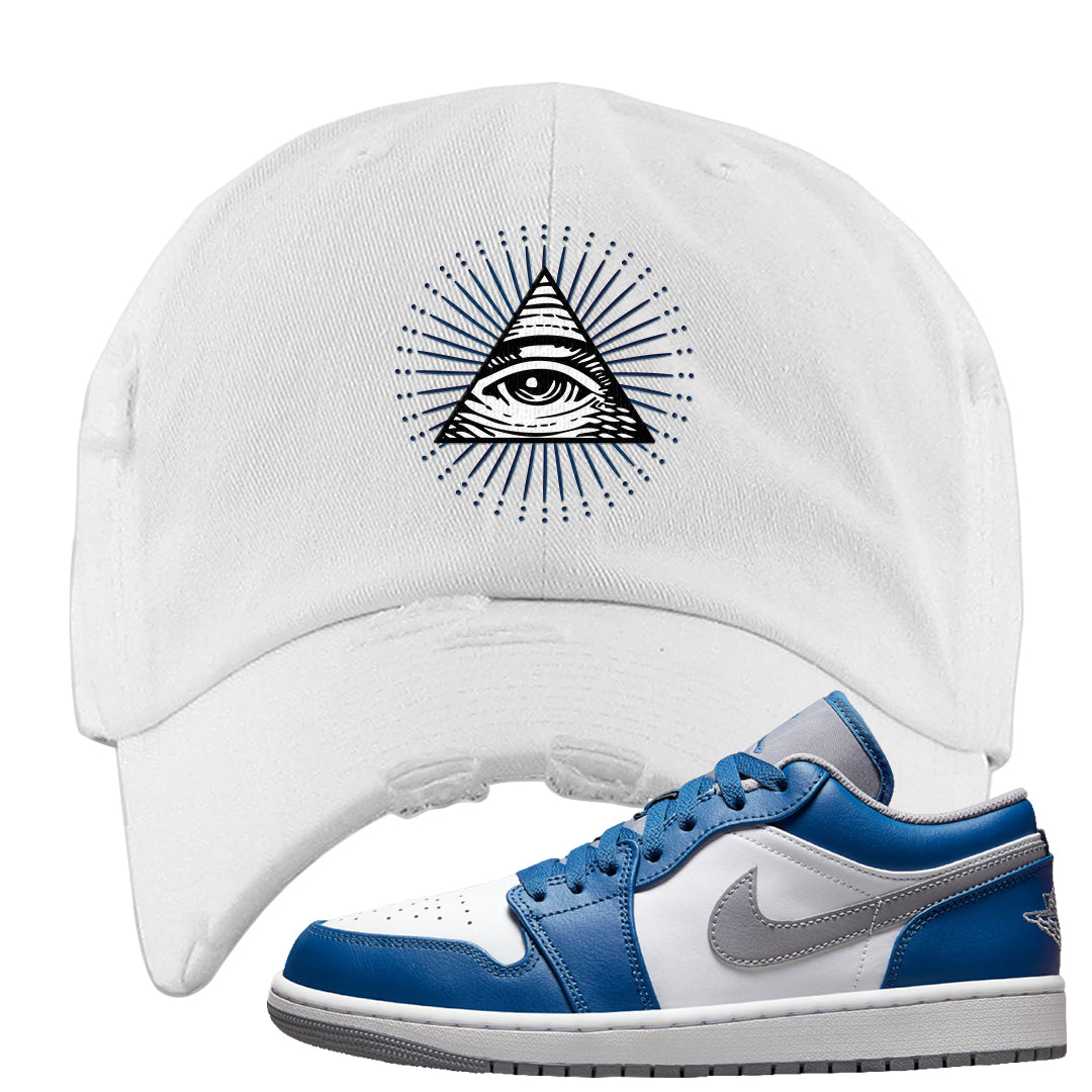 True Blue Low 1s Distressed Dad Hat | All Seeing Eye, White