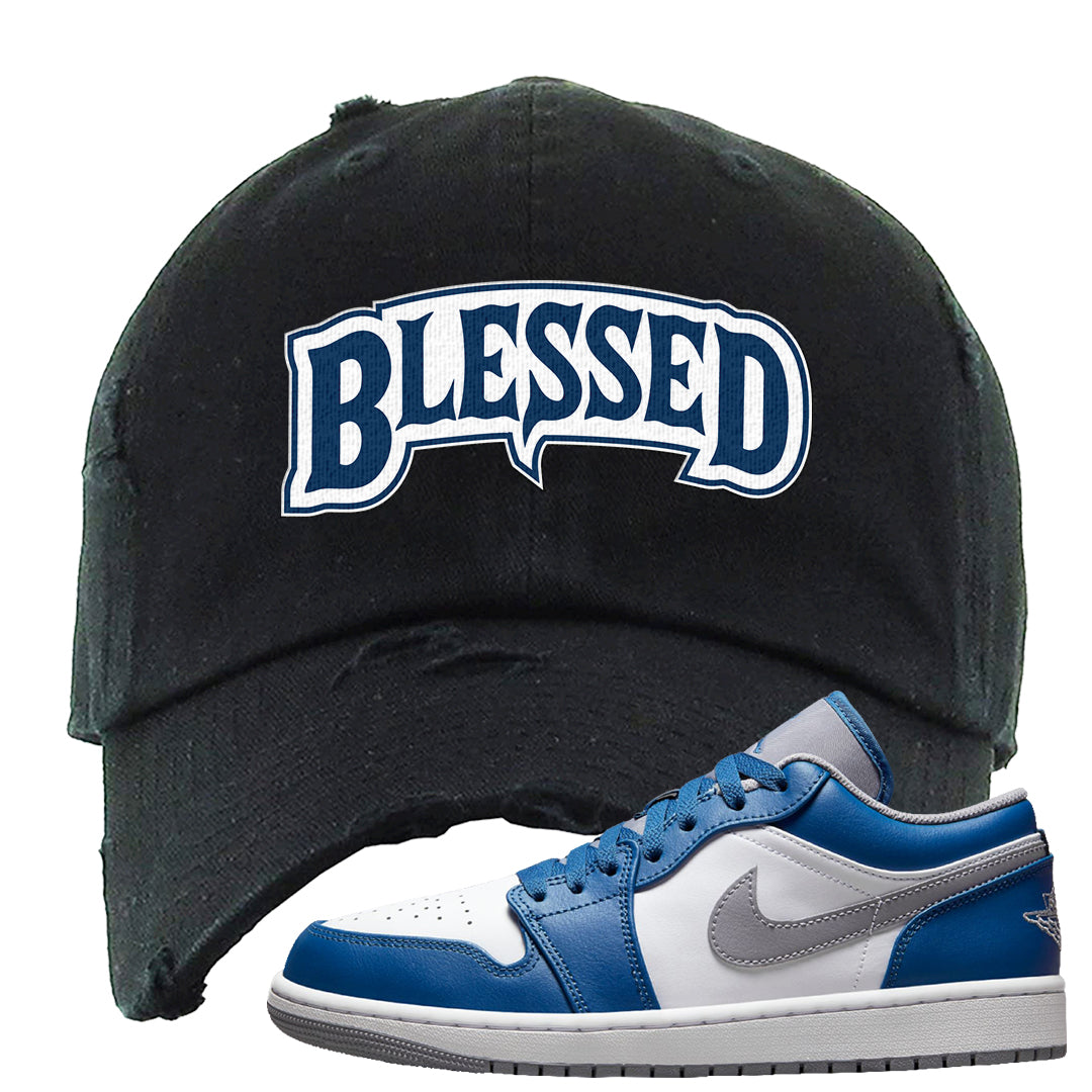True Blue Low 1s Distressed Dad Hat | Blessed Arch, Black