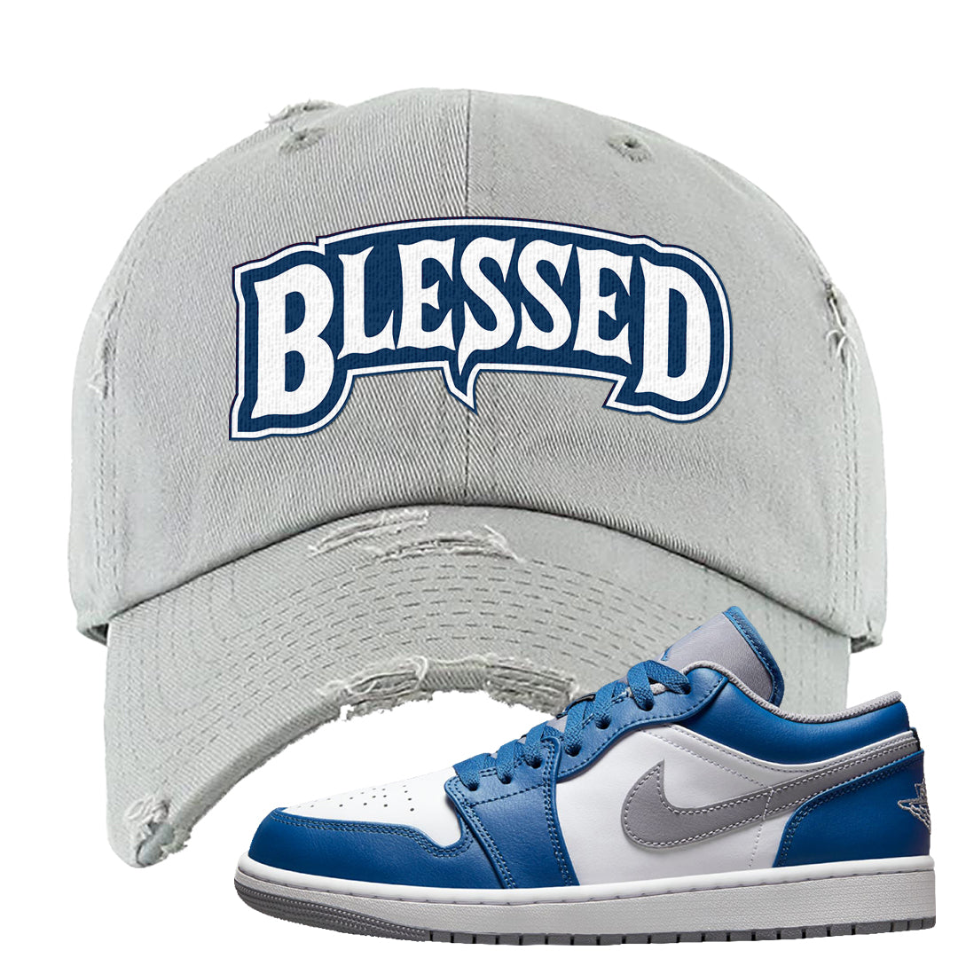 True Blue Low 1s Distressed Dad Hat | Blessed Arch, Light Gray