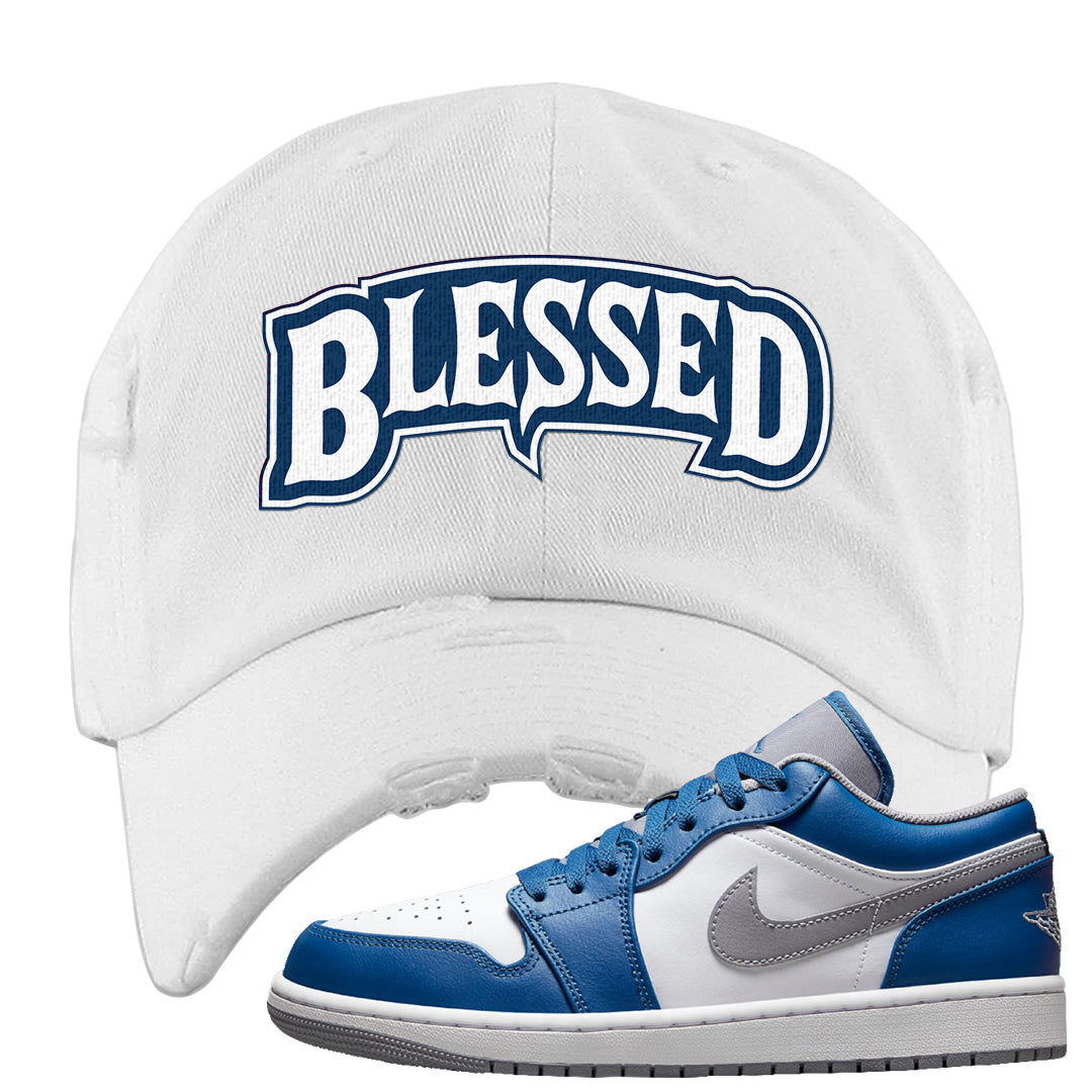 True Blue Low 1s Distressed Dad Hat | Blessed Arch, White