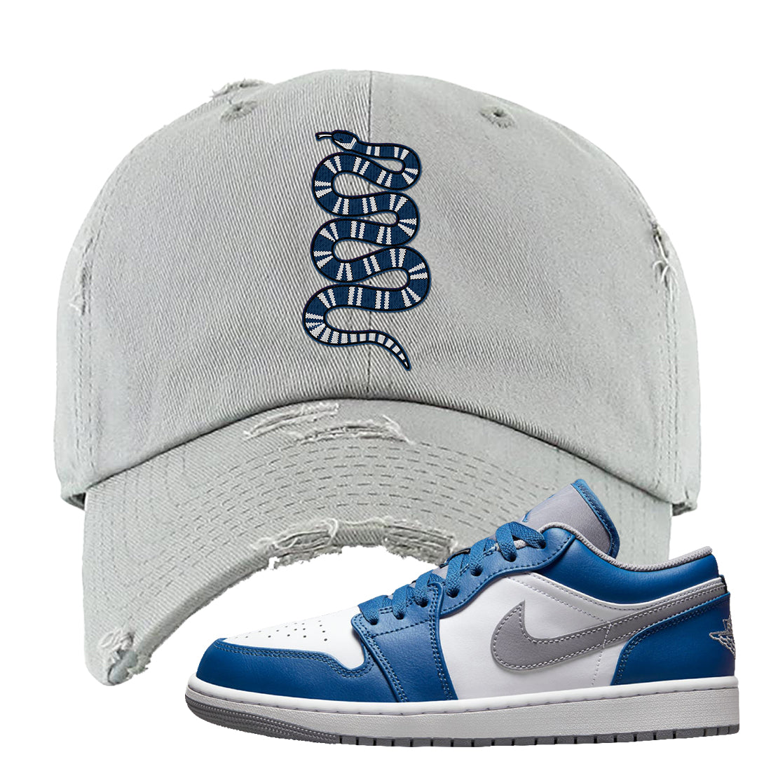 True Blue Low 1s Distressed Dad Hat | Coiled Snake, Light Gray