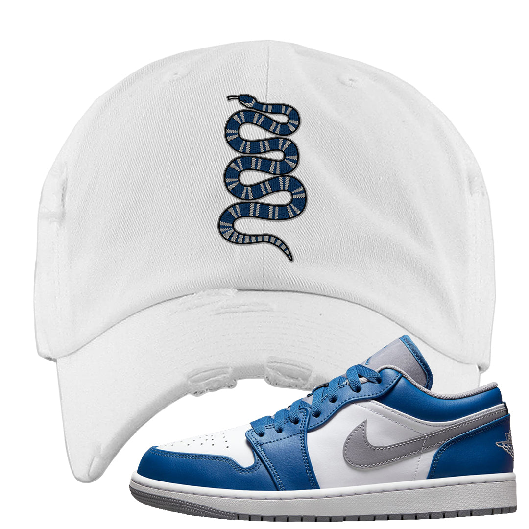 True Blue Low 1s Distressed Dad Hat | Coiled Snake, White