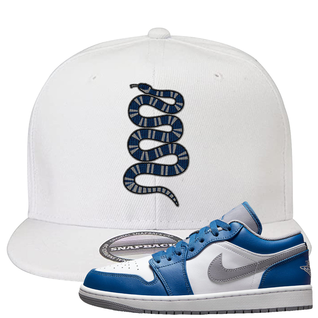 True Blue Low 1s Snapback Hat | Coiled Snake, White