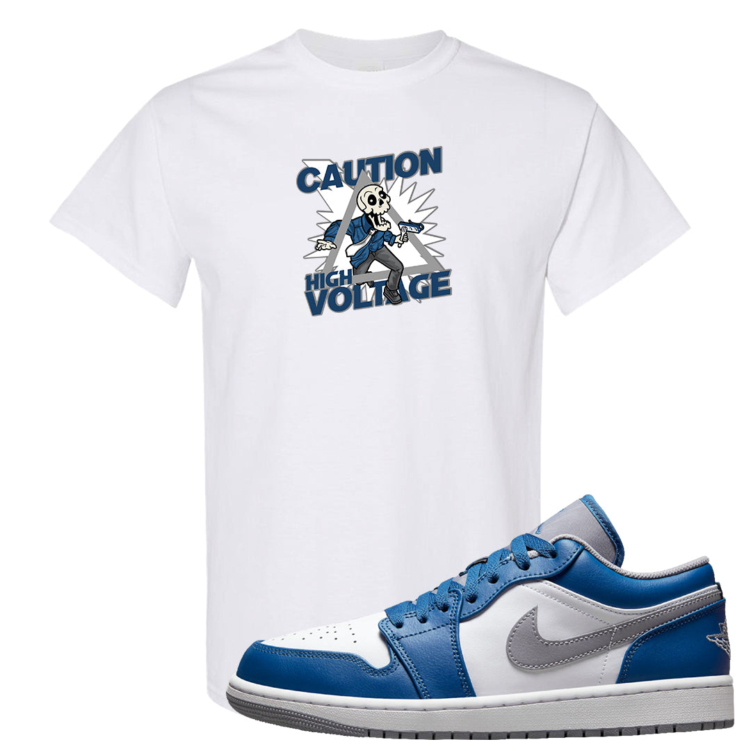 True Blue Low 1s T Shirt | Caution High Voltage, White