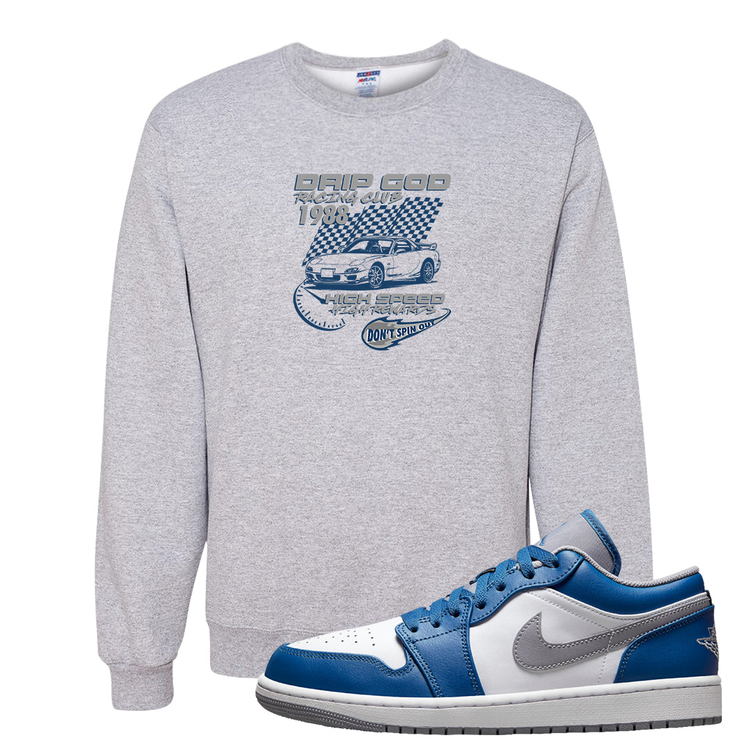 True Blue Low 1s Crewneck Sweatshirt | Drip God Racing Club, Ash