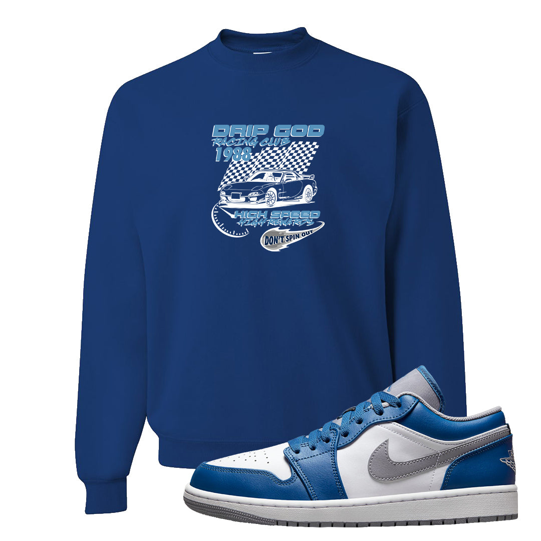 True Blue Low 1s Crewneck Sweatshirt | Drip God Racing Club, Royal