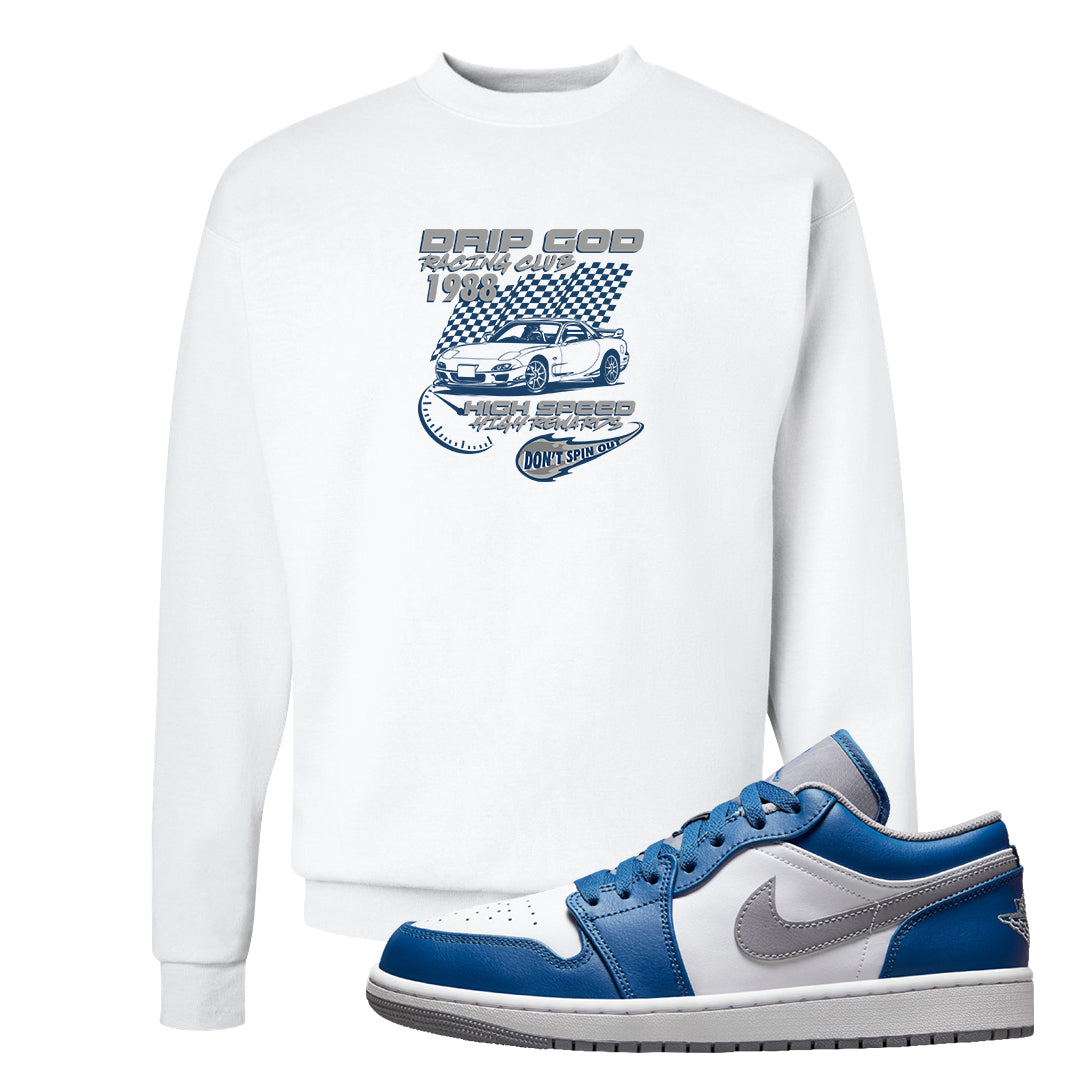 True Blue Low 1s Crewneck Sweatshirt | Drip God Racing Club, White