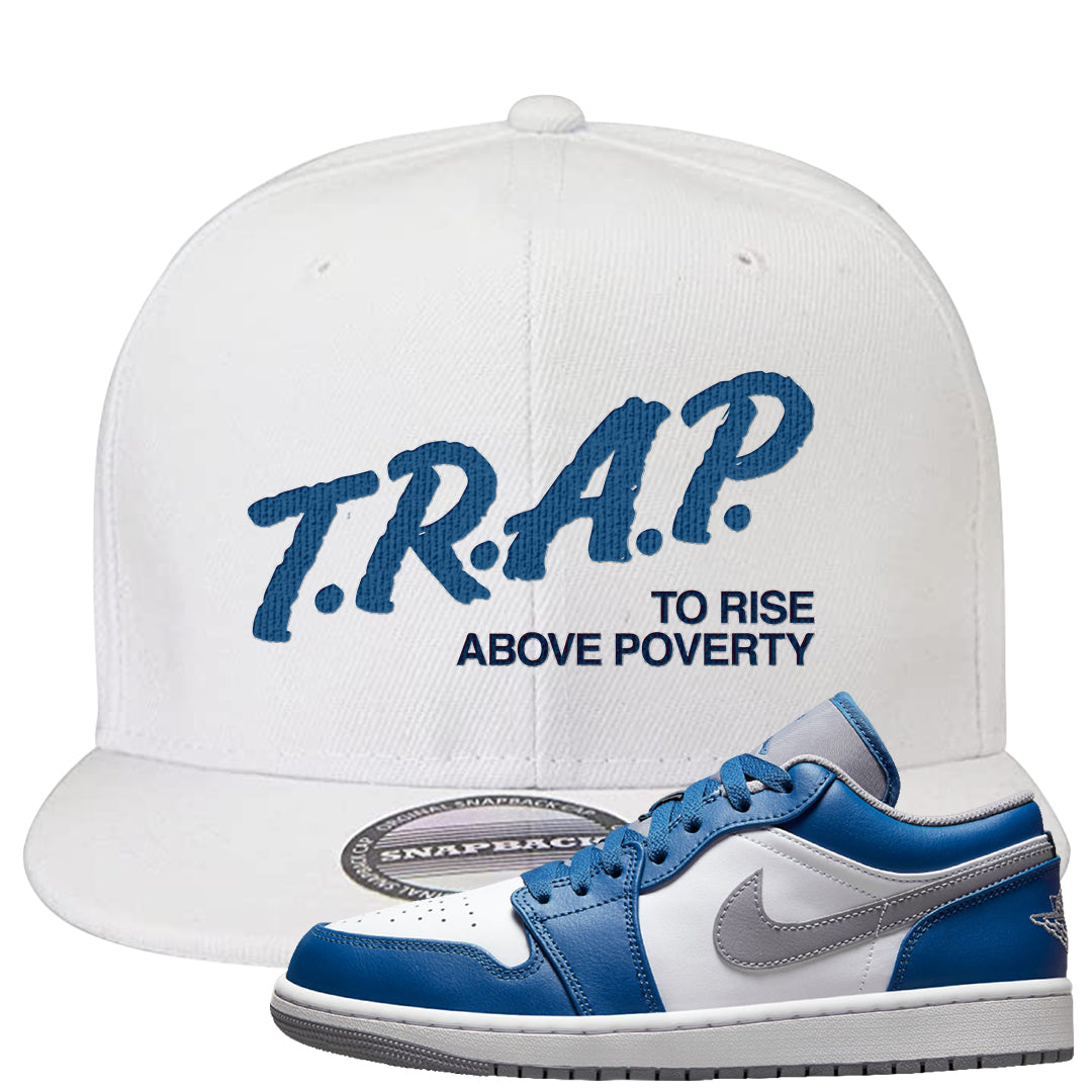 True Blue Low 1s Snapback Hat | Trap To Rise Above Poverty, White