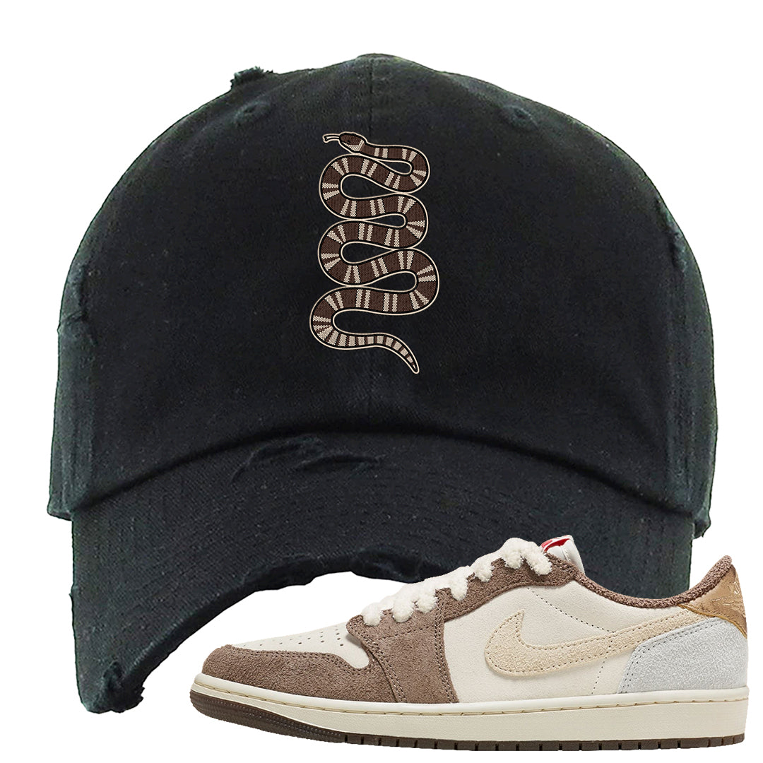 Year of the Rabbit Low 1s Distressed Dad Hat | Coiled Snake, Black