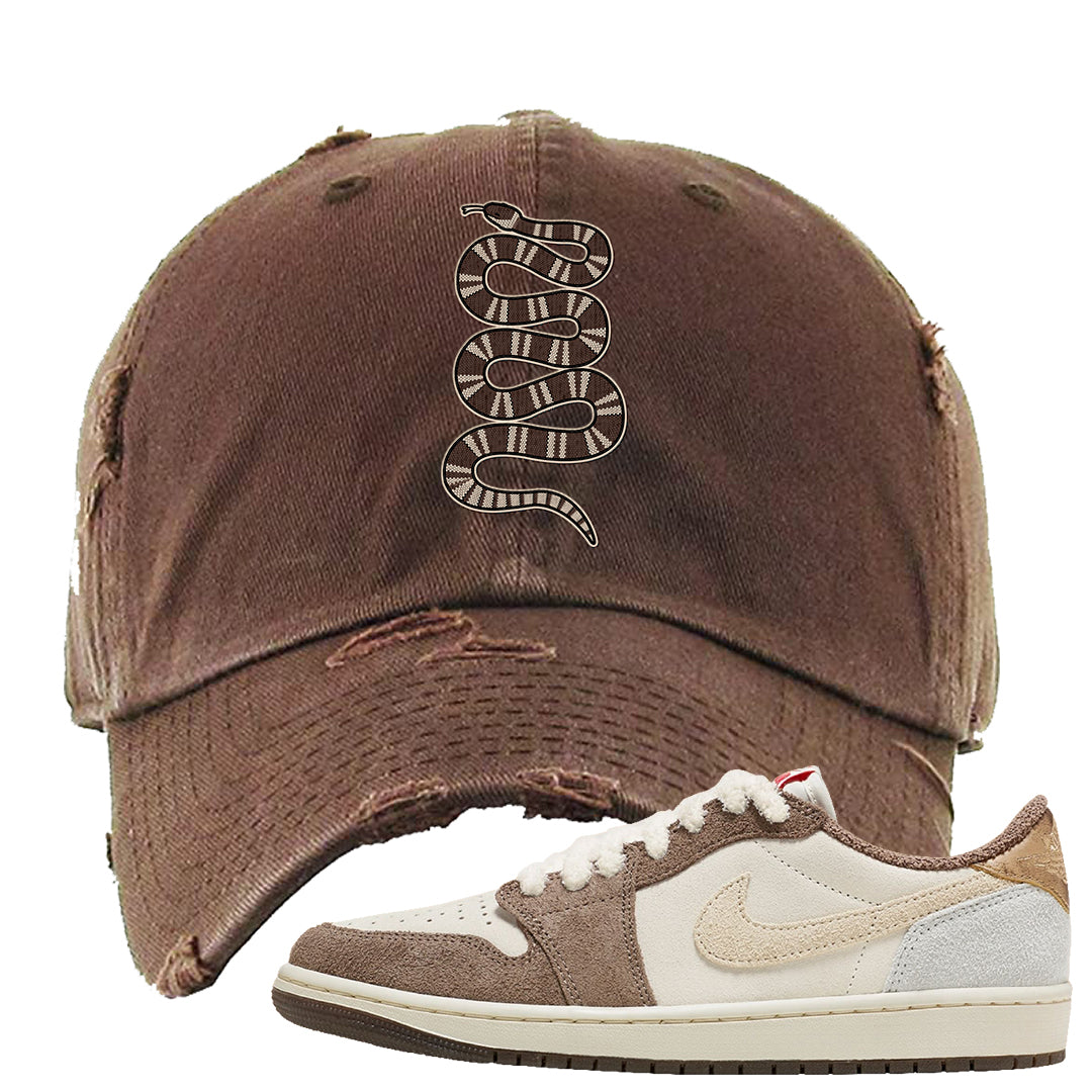 Year of the Rabbit Low 1s Distressed Dad Hat | Coiled Snake, Brown
