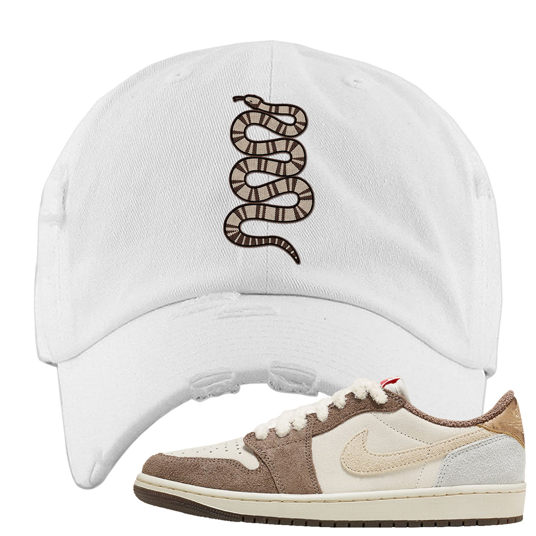 Year of the Rabbit Low 1s Distressed Dad Hat | Coiled Snake, White