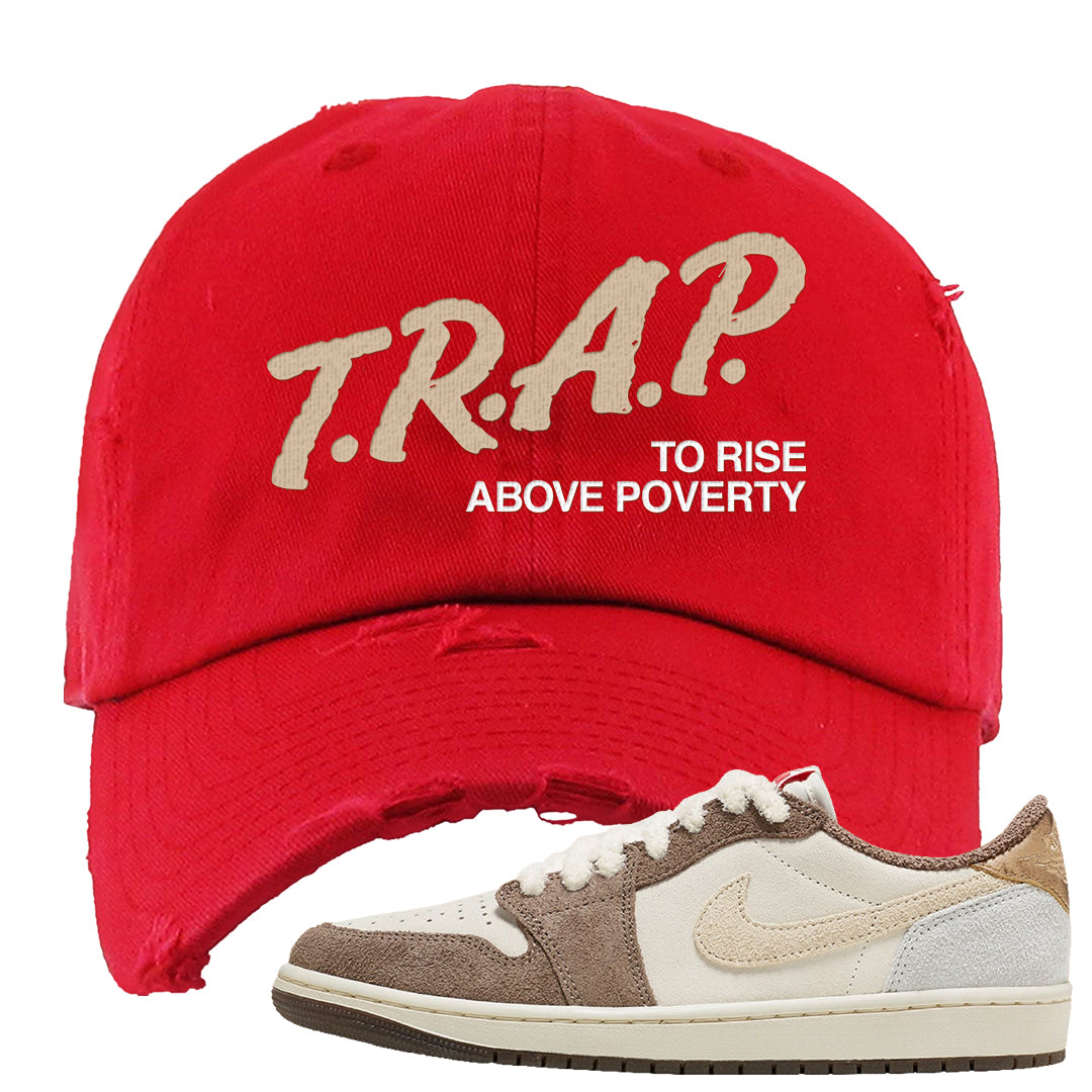 Year of the Rabbit Low 1s Distressed Dad Hat | Trap To Rise Above Poverty, Red