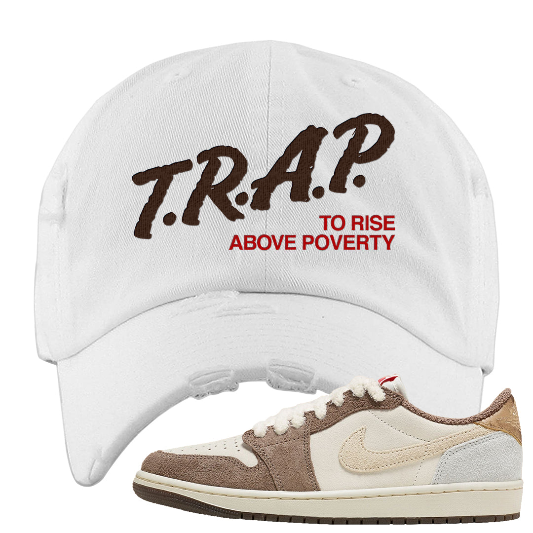 Year of the Rabbit Low 1s Distressed Dad Hat | Trap To Rise Above Poverty, White