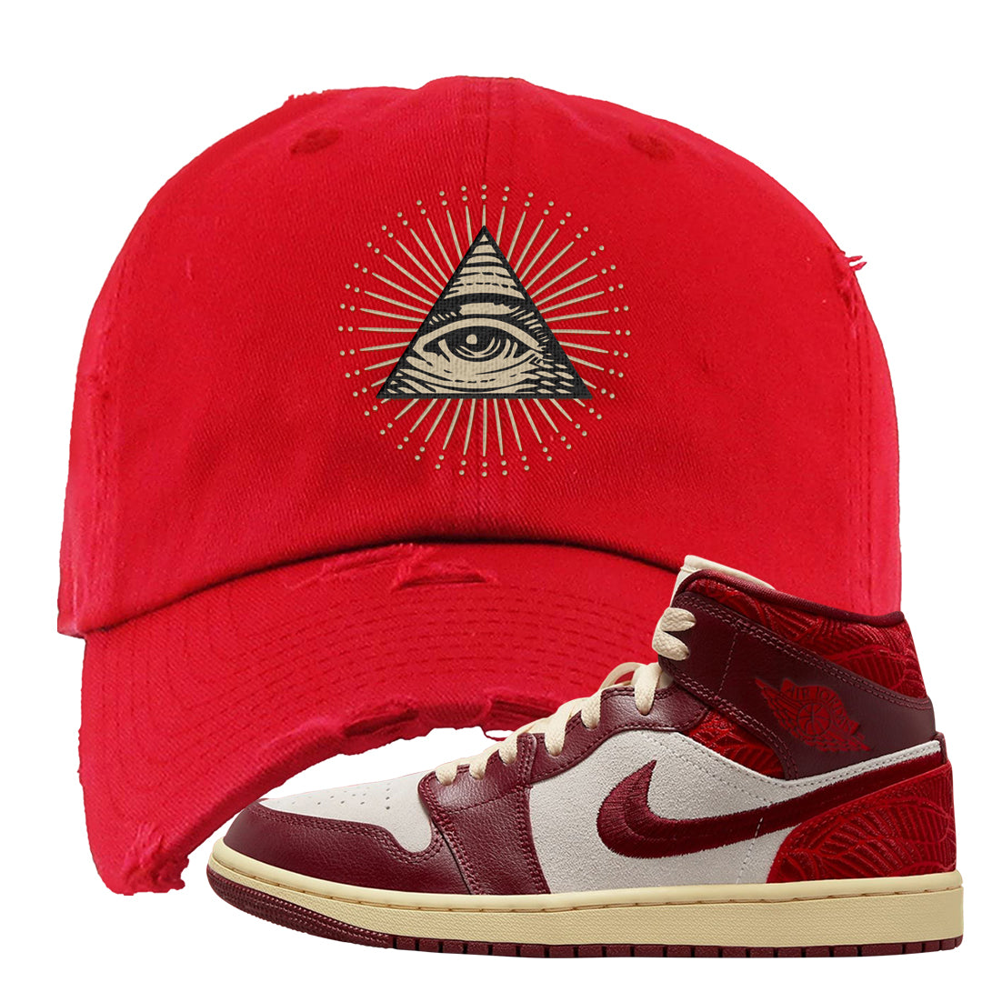 Tiki Leaf Mid 1s Distressed Dad Hat | All Seeing Eye, Red