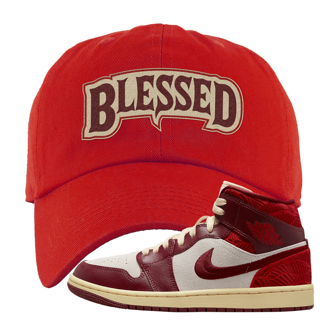 Tiki Leaf Mid 1s Dad Hat | Blessed Arch, Red