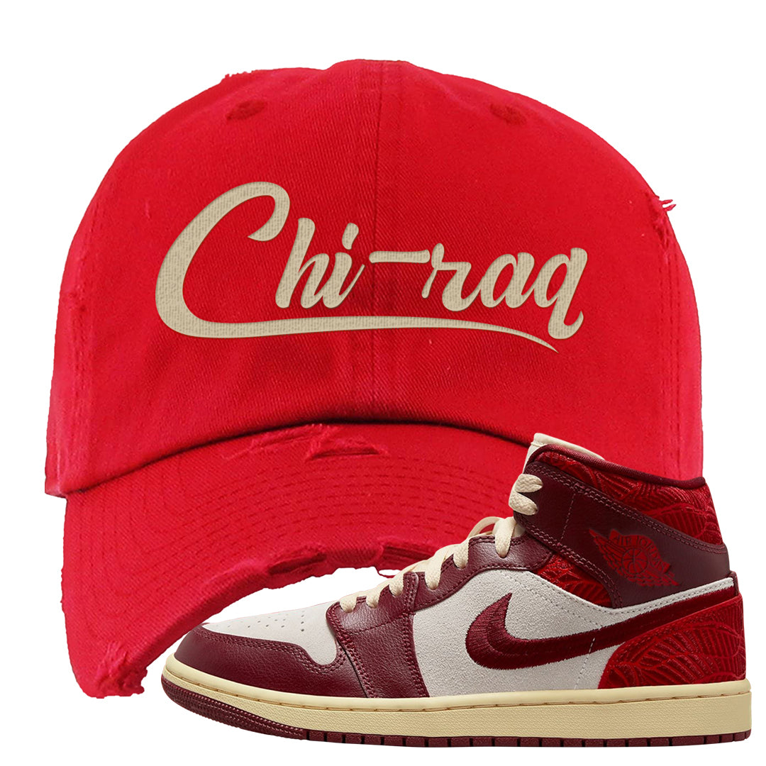 Tiki Leaf Mid 1s Distressed Dad Hat | Chiraq, Red