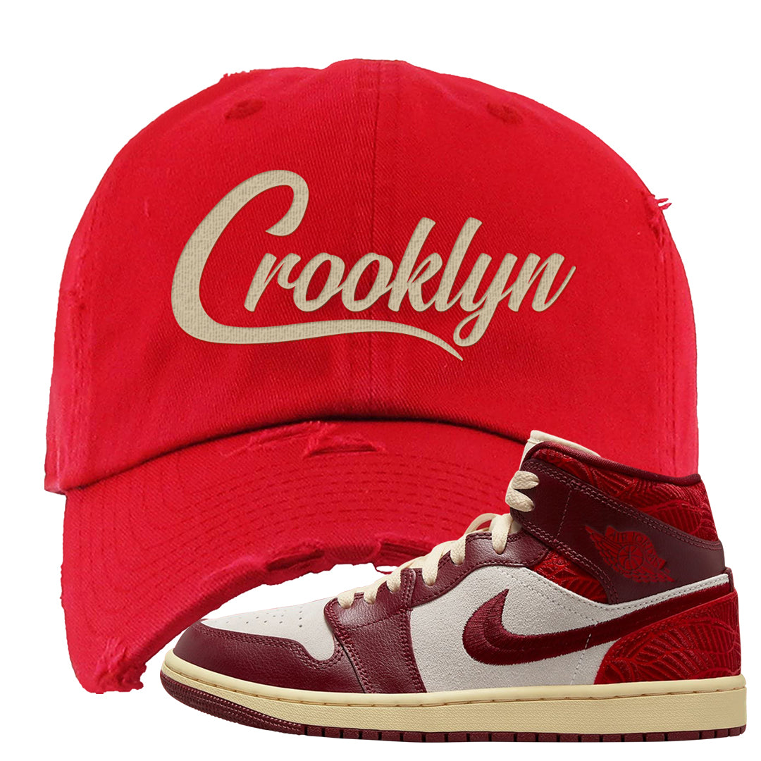 Tiki Leaf Mid 1s Distressed Dad Hat | Crooklyn, Red