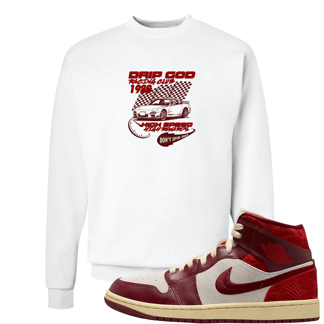 Tiki Leaf Mid 1s Crewneck Sweatshirt | Drip God Racing Club, White