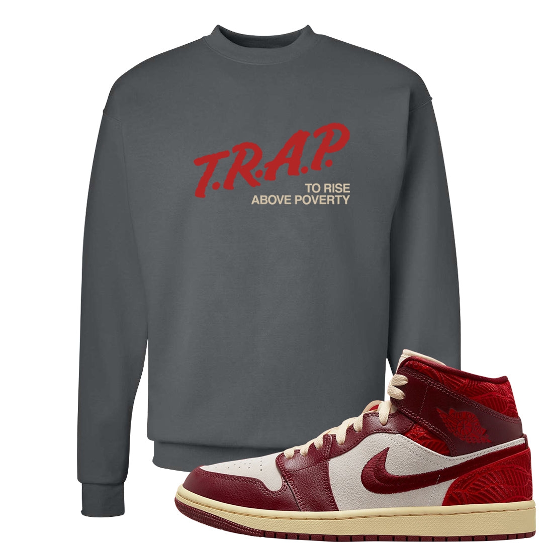 Tiki Leaf Mid 1s Crewneck Sweatshirt | Trap To Rise Above Poverty, Smoke Grey