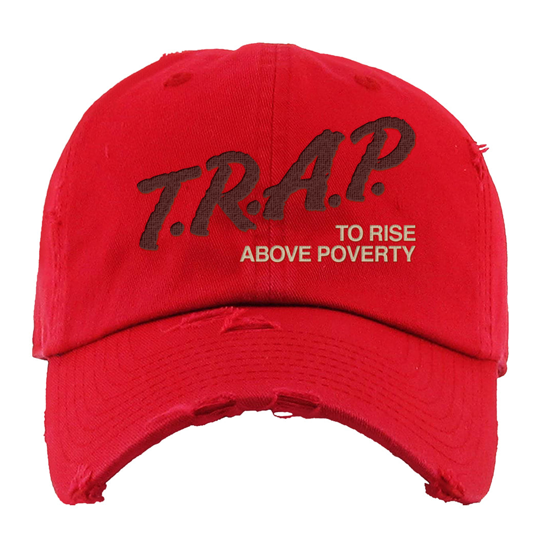 Tiki Leaf Mid 1s Distressed Dad Hat | Trap To Rise Above Poverty, Red