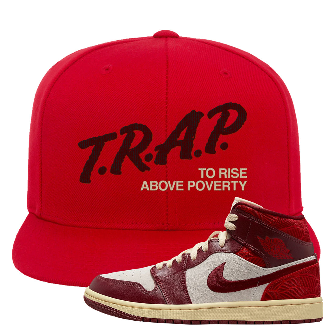 Tiki Leaf Mid 1s Snapback Hat | Trap To Rise Above Poverty, Red