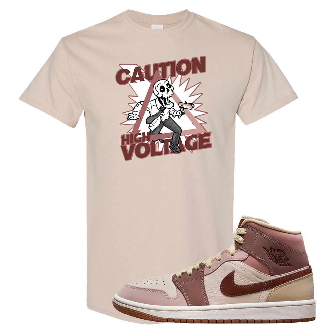 Pink Sand Mauve Mid 1s T Shirt | Caution High Voltage, Sand