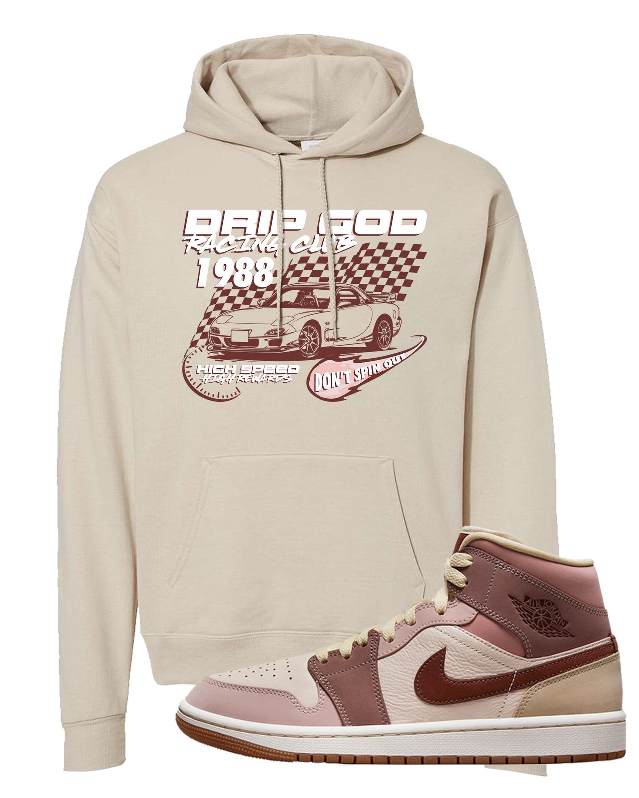 Pink Sand Mauve Mid 1s Hoodie | Drip God Racing Club, Sand