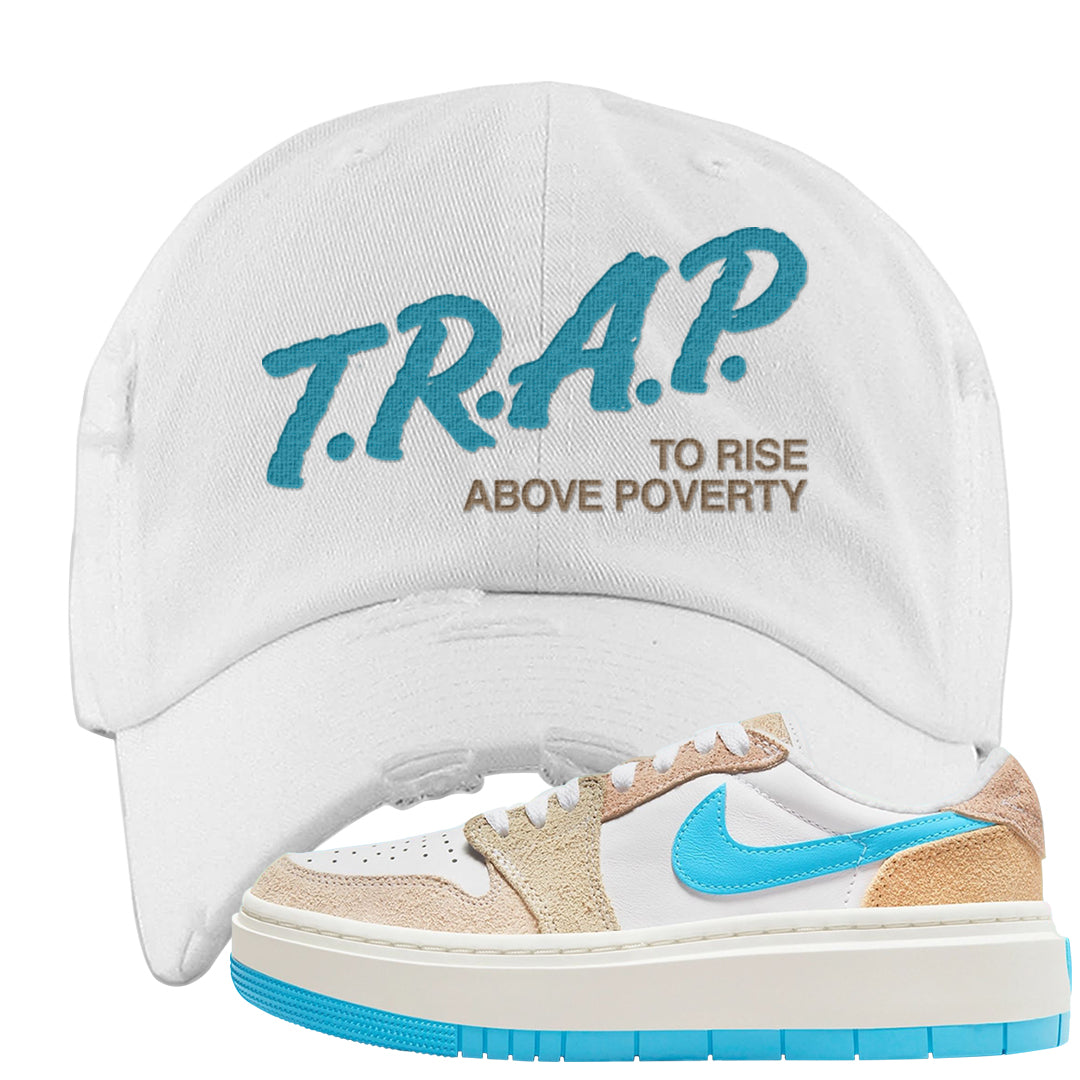 Salt Lake City Elevate 1s Distressed Dad Hat | Trap To Rise Above Poverty, White